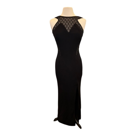 WMNS Basix Black Label Black Evening Gown with Beaded Neckline - Picture 3 of 9